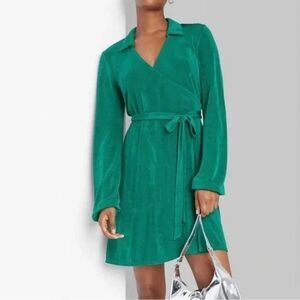 Wild Fable XS Faux Wrap Dress Green Balloon Long Sleeve Collared Stretch